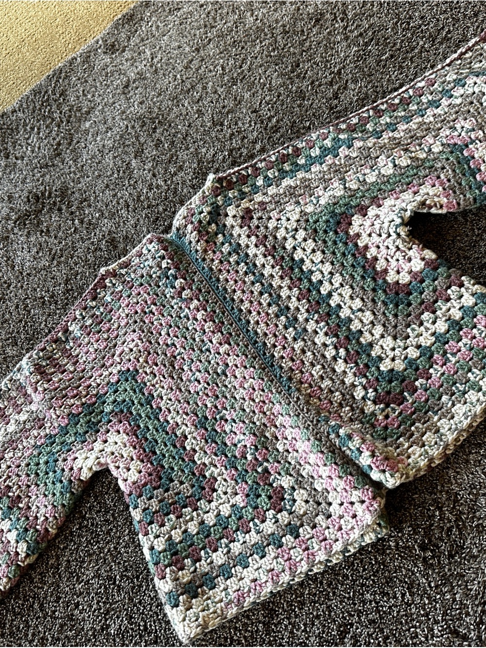 Crochet Granny Square Sweater Handmade Pink, Green, Cream 3/4 Length Sleeve